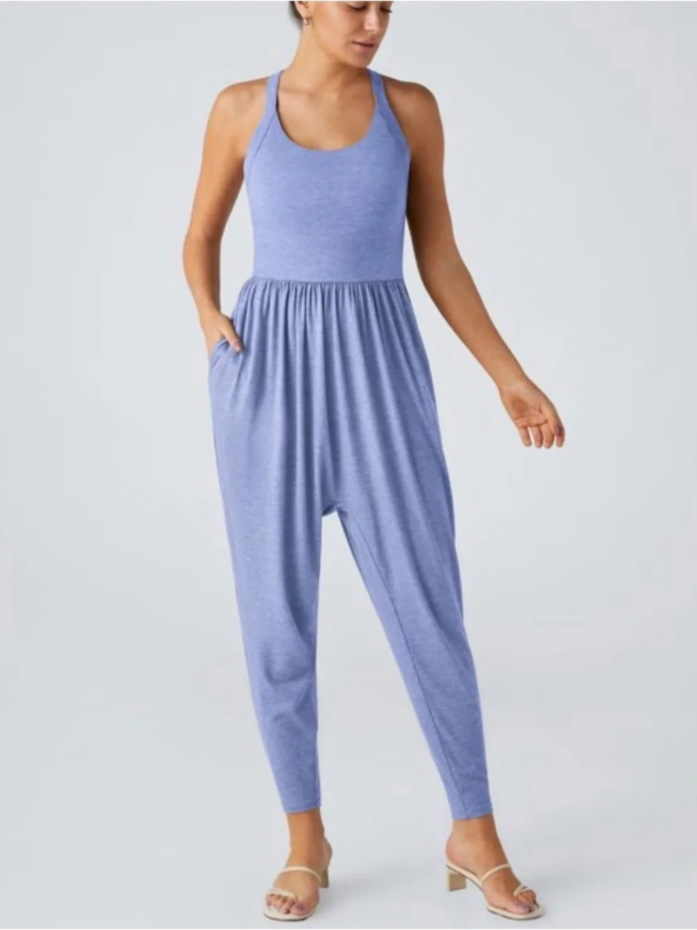 Halara U Neck Pocket Harem Casual Jumpsuit-Easy Peezy Cross-Back Jumpsuit Medium - Picture 2 of 9